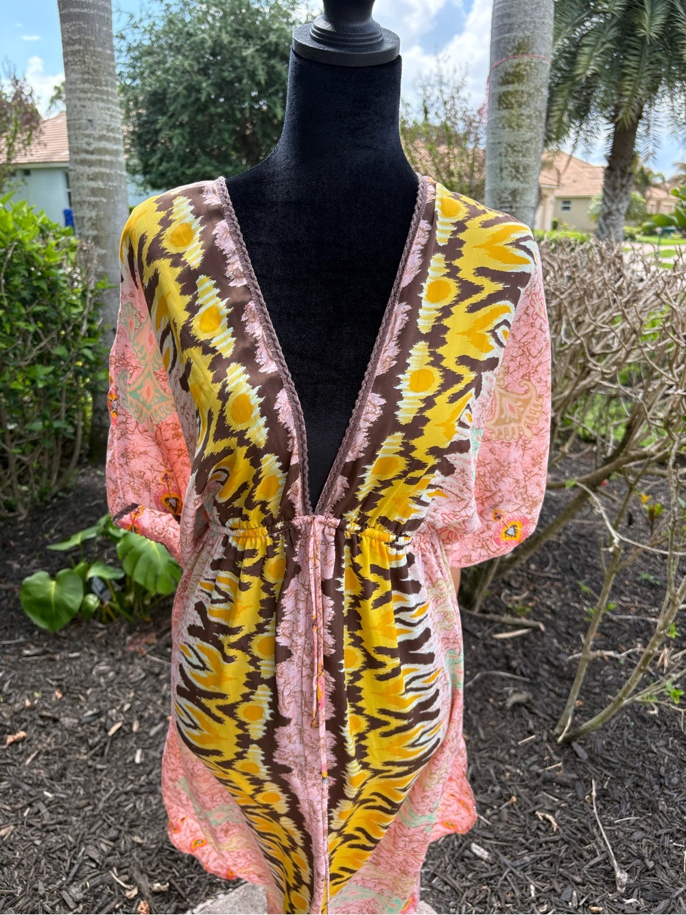Pink & Yellow Printed Swim Coverup Tunic with Tie Waist